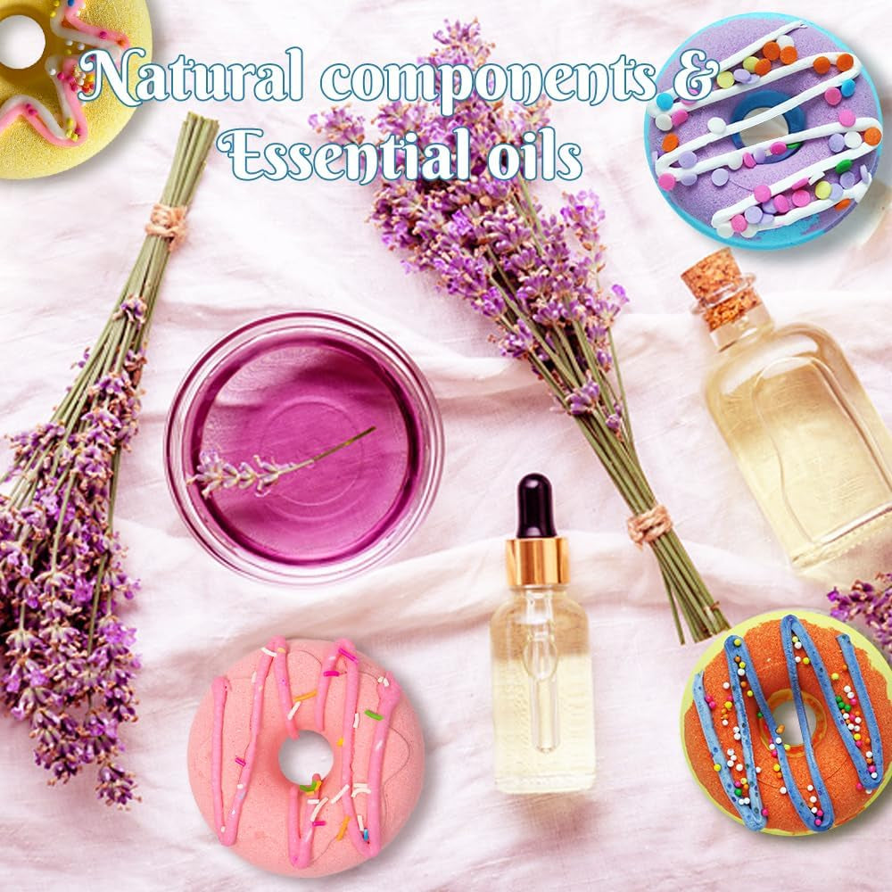 Donut Bath Bombs Gift Set – 4 Piece Handmade Organic Bath Bomb Kit with Essential Oils – Relaxation Spa Gift for Women, Men, Teens, Kids – Self Care & Aromatherapy Soak