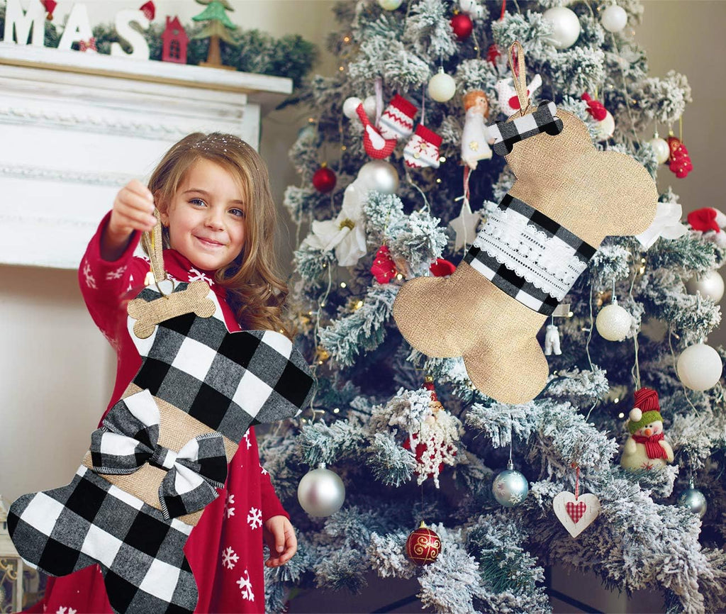 2 Pack Pet Dog Christmas Stockings Buffalo Black White Plaid Burlap Large Bone Shape Hanging Christmas Stocking for Dogs Pets