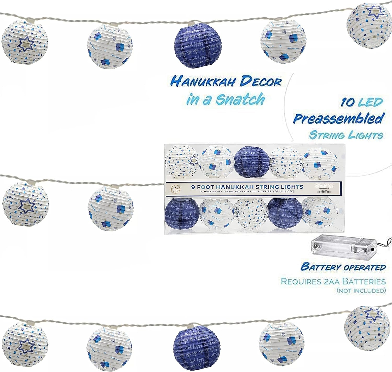 10 Hanukkah LED Battery Powered 3" Mini round Lantern String Lights (Single)