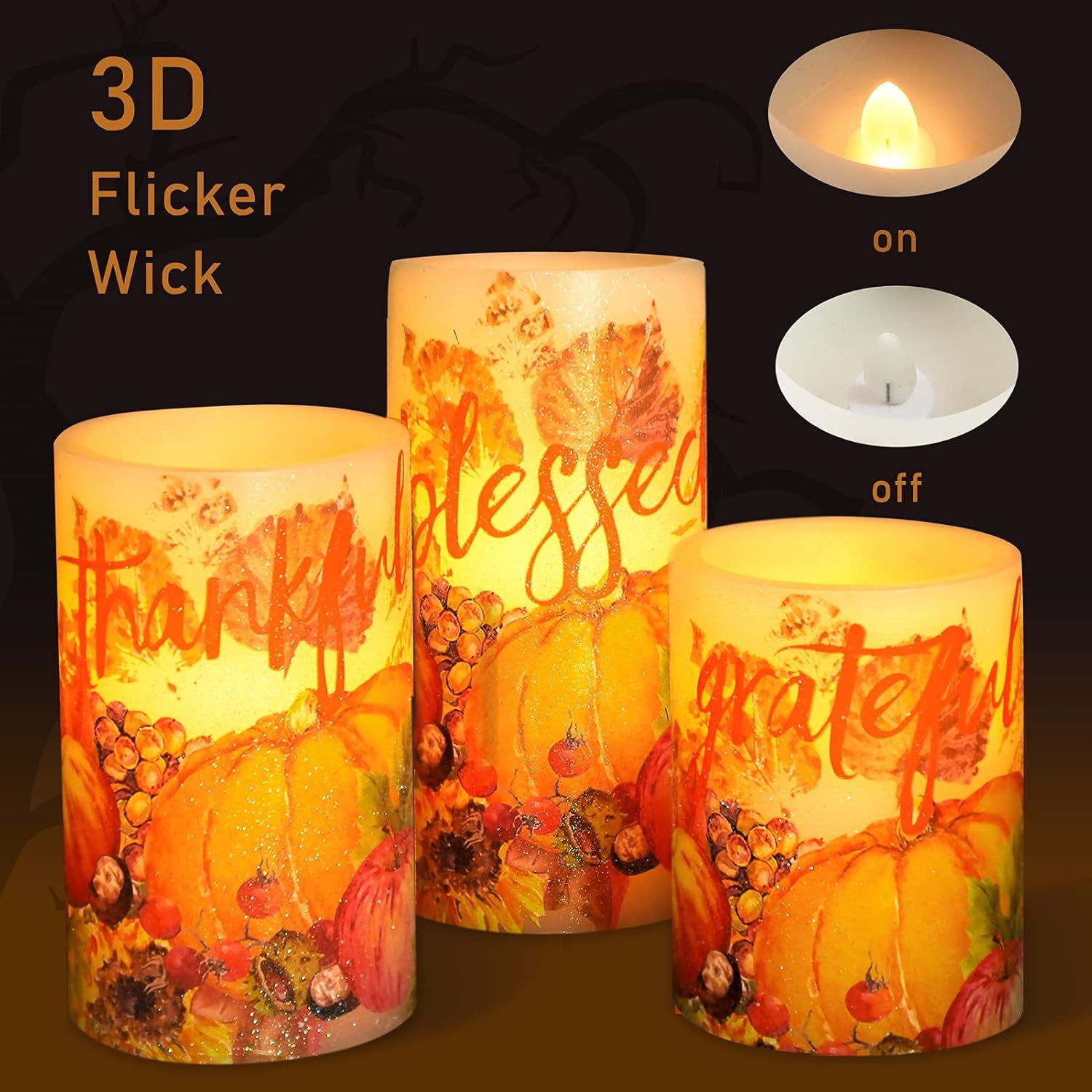 Pumpkin Flameless Candles with Remote Real Wax LED Candles - Home Party Christmas Botanical Fall Thanksgiving Decor - Set of 3