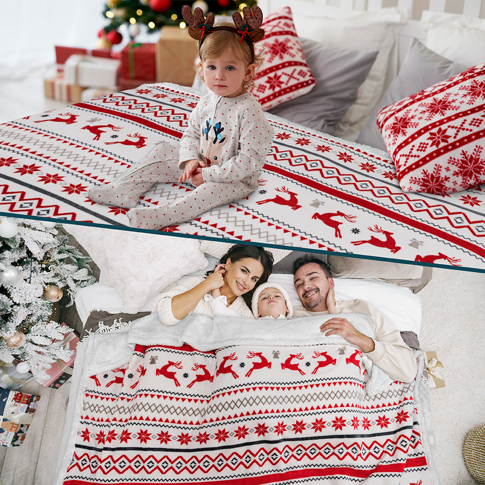 Christmas Blanket Holiday Theme Print Warm Sherpa Fleece Throw Sofa Couch Bed