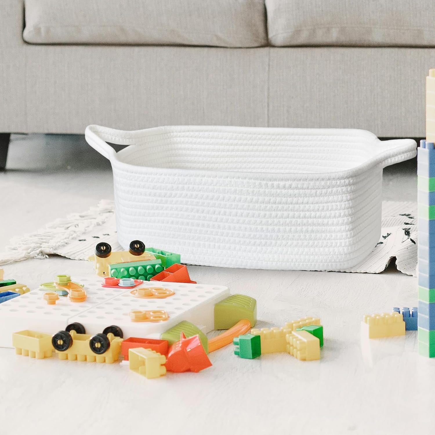 Small Storage Basket with Handles, Cotton Rope Woven Dog Cat Toy Bin, Decorative Shelves Closet Organizing for Nursery Laundry Bedroom, 14.2''X 11''X 5.1''