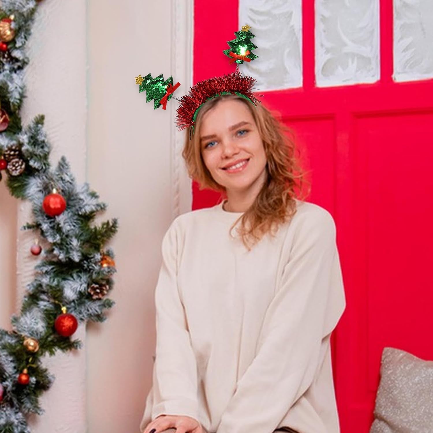 Christmas Tree Headbands Happy Christmas Hairbands Green Glitter Hair Hoop Bow Red Ribbon Design Xmas Hair Band Festival Headwear Hair Accessories for Christmas Party