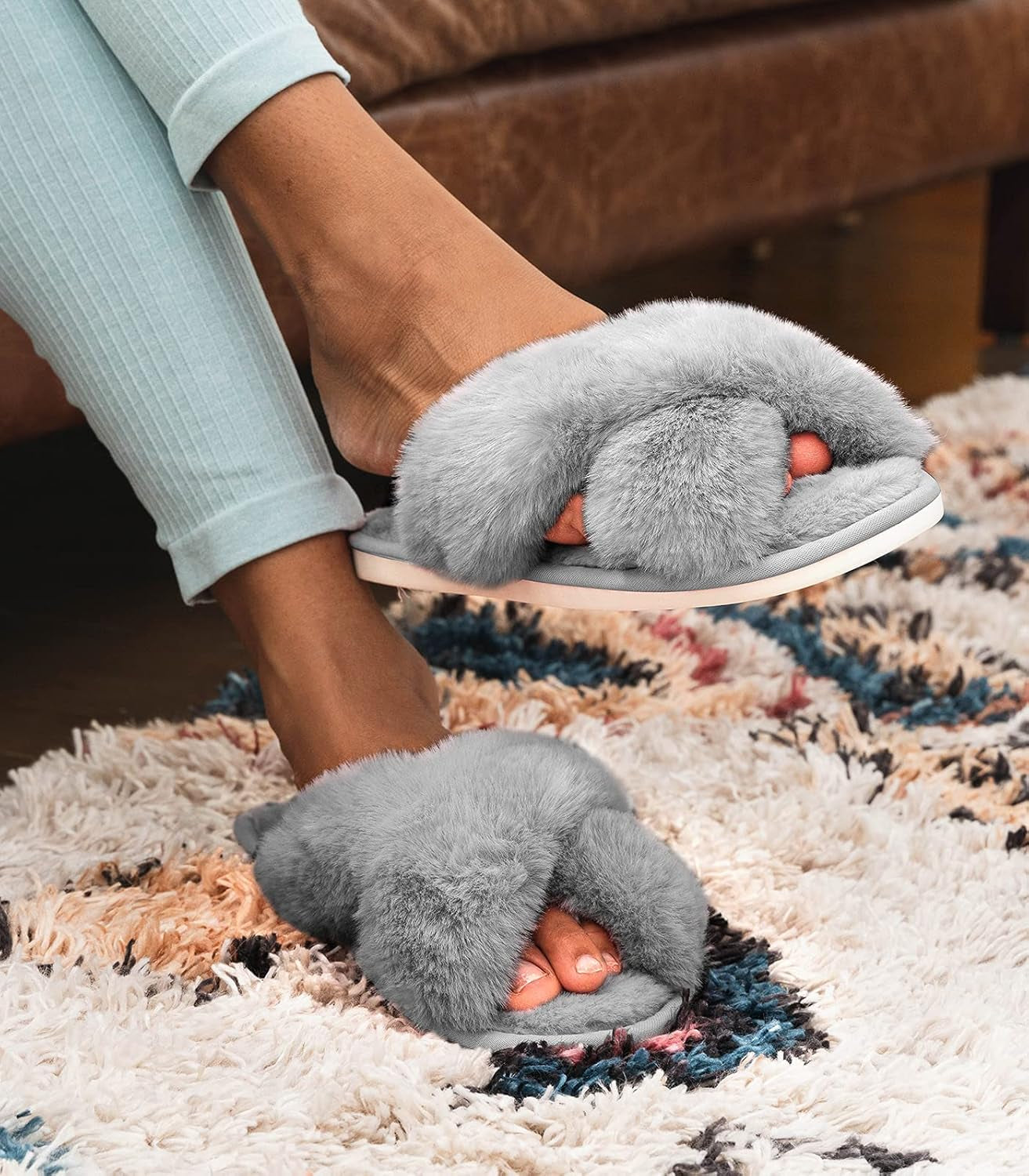 Womens Fuzzy Memory Foam Slippers Cross Band Cozy Plush Home Slippers Fluffy Furry Open Toe House Shoes Indoor Outdoor Slide Slipper