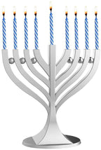 Mini Classic Menorah with Mini Birthday Size Hanukkah Candles - Satin Silver Small Travel Minorah with 44 Blue and White Spiral Chanukah Candles - on the Go Hanukkiah Cute Hanukkah Gift