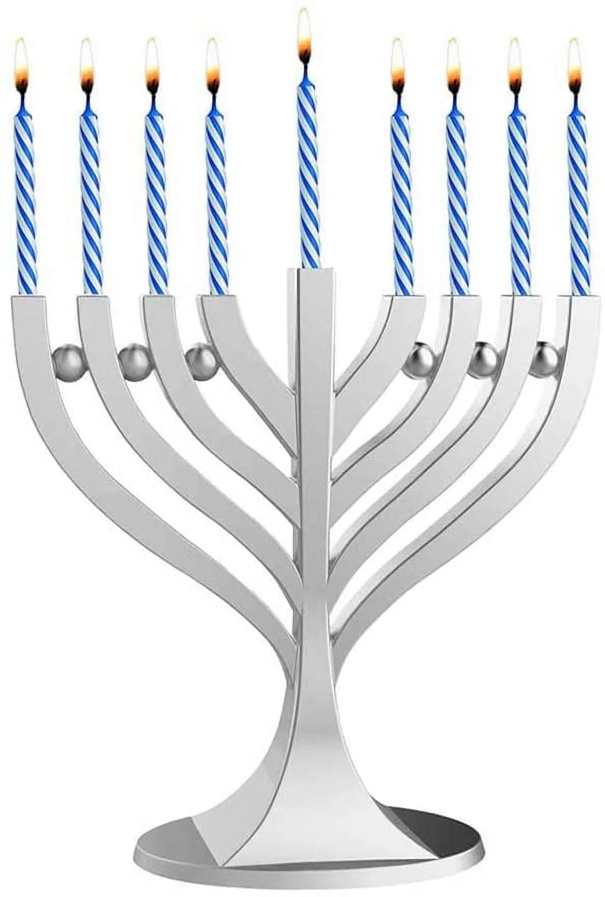 Mini Classic Menorah with Mini Birthday Size Hanukkah Candles - Satin Silver Small Travel Minorah with 44 Blue and White Spiral Chanukah Candles - on the Go Hanukkiah Cute Hanukkah Gift