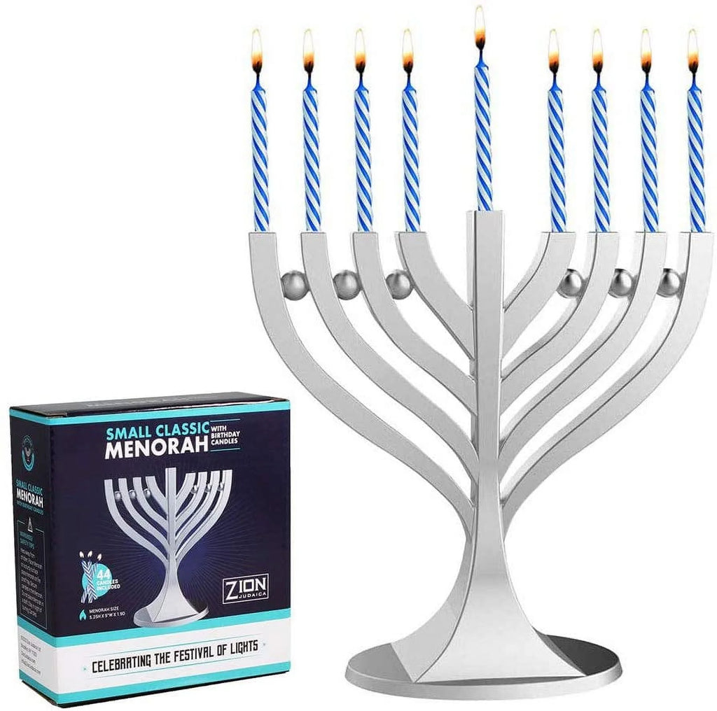 Mini Classic Menorah with Mini Birthday Size Hanukkah Candles - Satin Silver Small Travel Minorah with 44 Blue and White Spiral Chanukah Candles - on the Go Hanukkiah Cute Hanukkah Gift