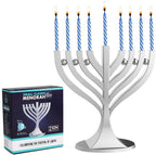 Mini Classic Menorah with Mini Birthday Size Hanukkah Candles - Satin Silver Small Travel Minorah with 44 Blue and White Spiral Chanukah Candles - on the Go Hanukkiah Cute Hanukkah Gift