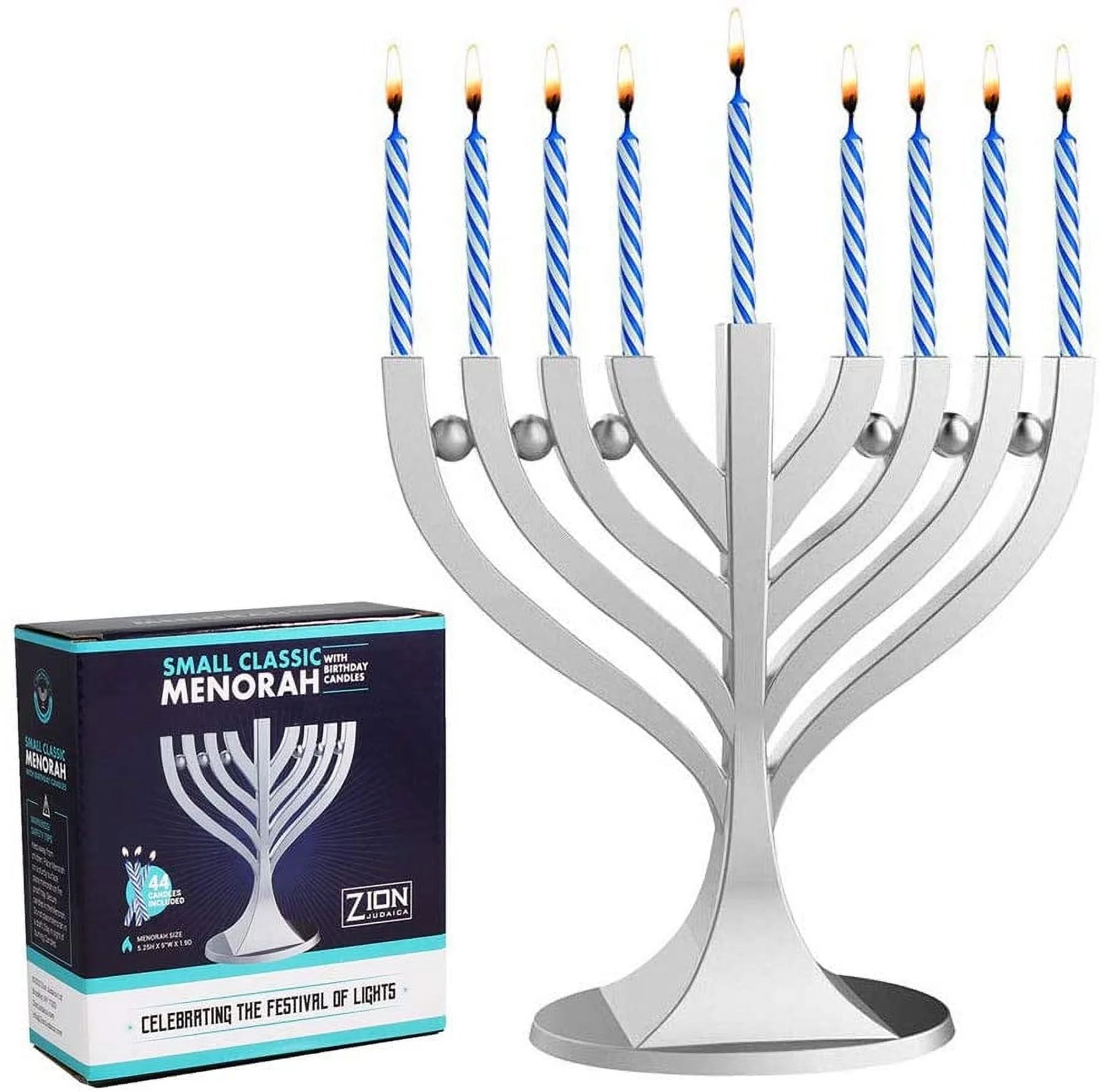 Mini Classic Menorah with Mini Birthday Size Hanukkah Candles - Satin Silver Small Travel Minorah with 44 Blue and White Spiral Chanukah Candles - on the Go Hanukkiah Cute Hanukkah Gift