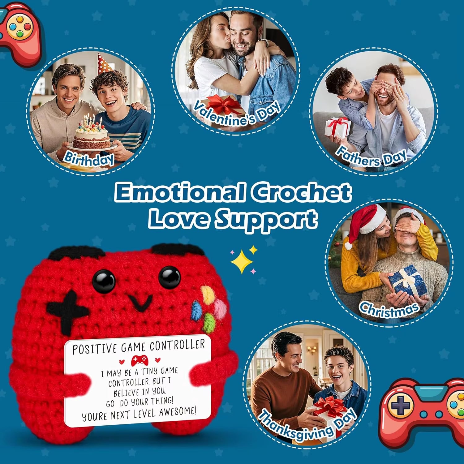 Funny Emotional Support Positive Crochet Game Controller Doll Christmas Home Decor Handmade Knitted Game Controller Ornament