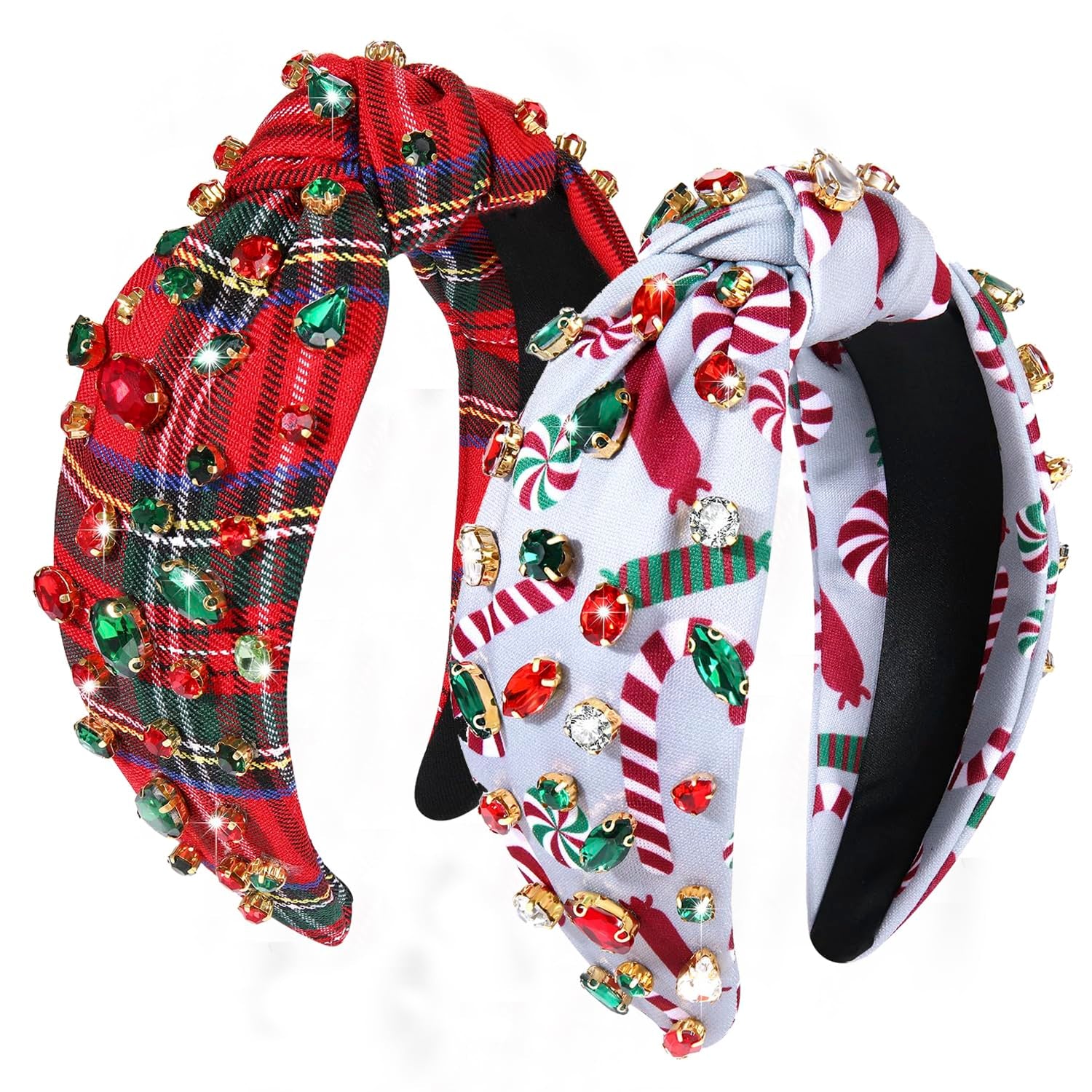 Christmas Headband for Women Holiday Accessories Decorations Xmas Tree Snowflake Hohoho Crystal Knotted Headband Christmas Festive Headwear Party Gifts (Candy Cane Plaid)