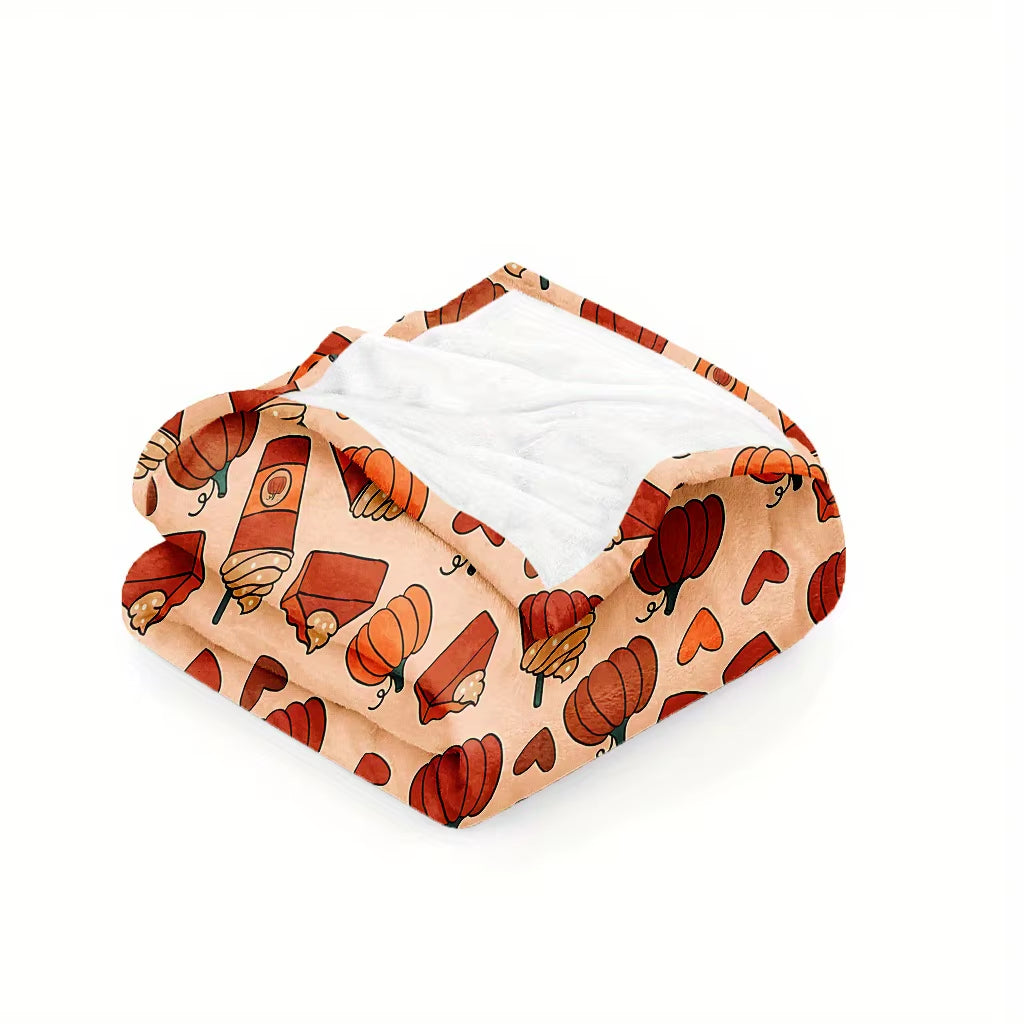 1Pc Pumpkin Spice Latte Fall Thanksgiving Blanket - Soft Flannel Throw with Pumpkin, Beige Autumn Decor for Home, Office