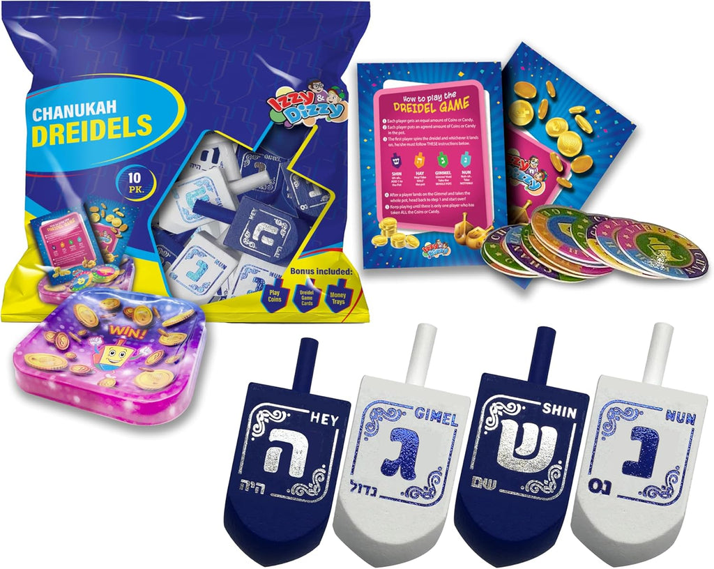 Hanukkah Dreidels - Blue and White Wooden Dreidel - 10 Pack Medium - Hand Painted - Game Instructions Included