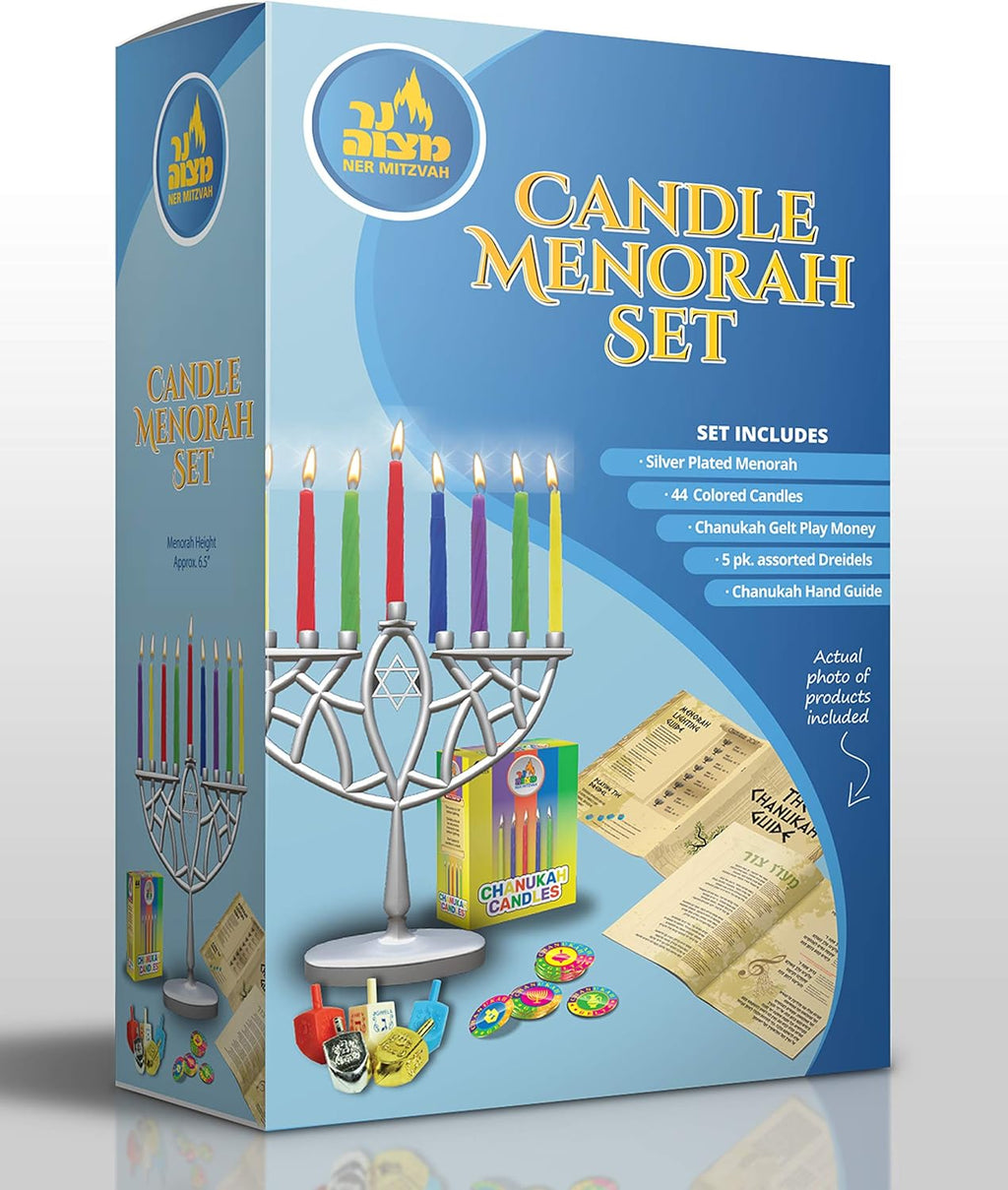 Menorahs for Chanukah, Complete Set - Hanukkah Menorah, Hanukkah Candles, Dreidels, Play Coins, Guide, Copper