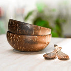 Natural Coconut Bowls and Spoons Set of 2 - Polished with Coconut Oil, Durable, Lightweight, Useful, Large Wooden Serving Bowl for Salads, Breakfast, Decoration, Vegan Organic Friendly