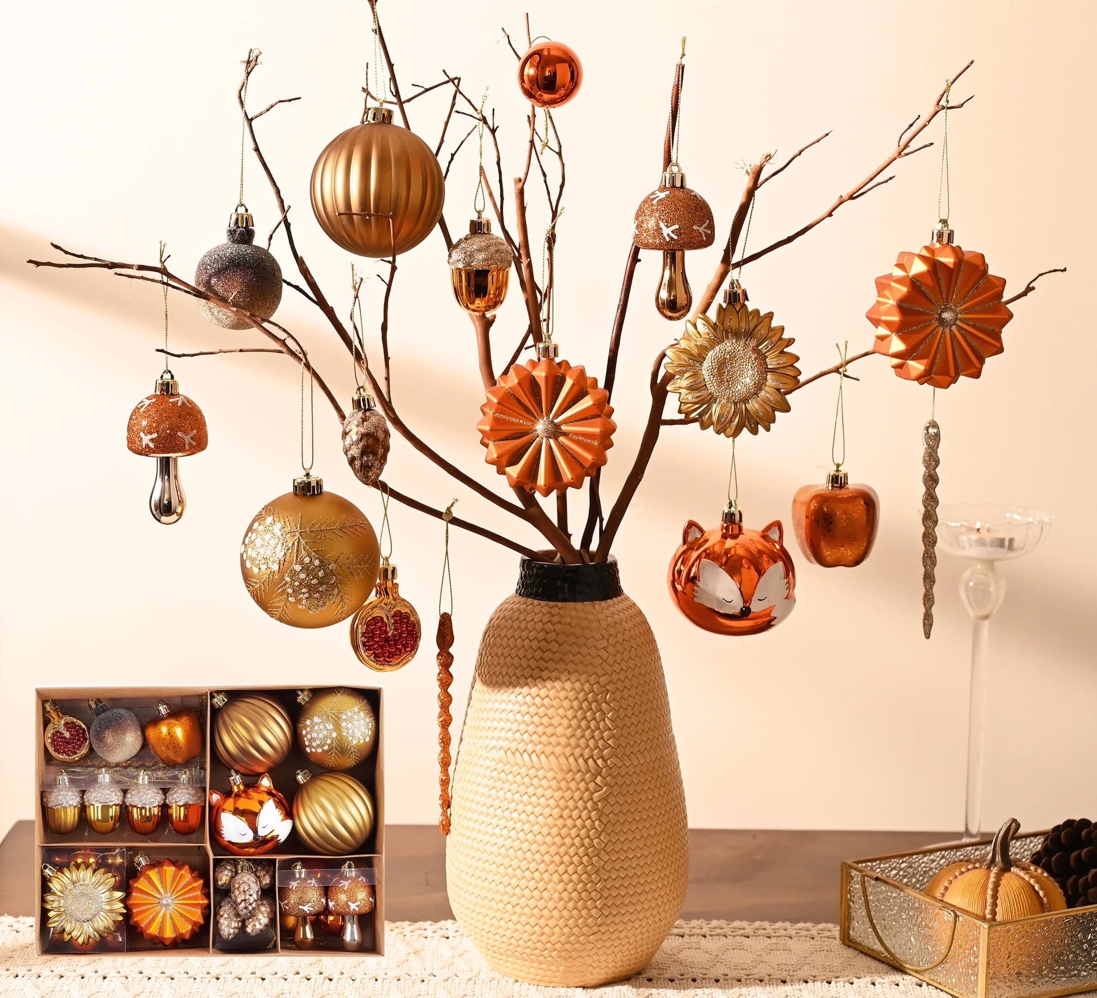 50Ct Fall Decor Shatterproof Fall Ornaments Fall Decorations for Home, Orange Hanging Thanksgiving Decorations with Fox Flowers for Harvest Holiday Party Gift