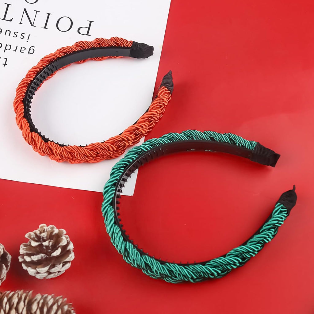 2Pcs Christmas Headbands for Women Bright Silk Braided Headbands Green Red Braided Hair Band