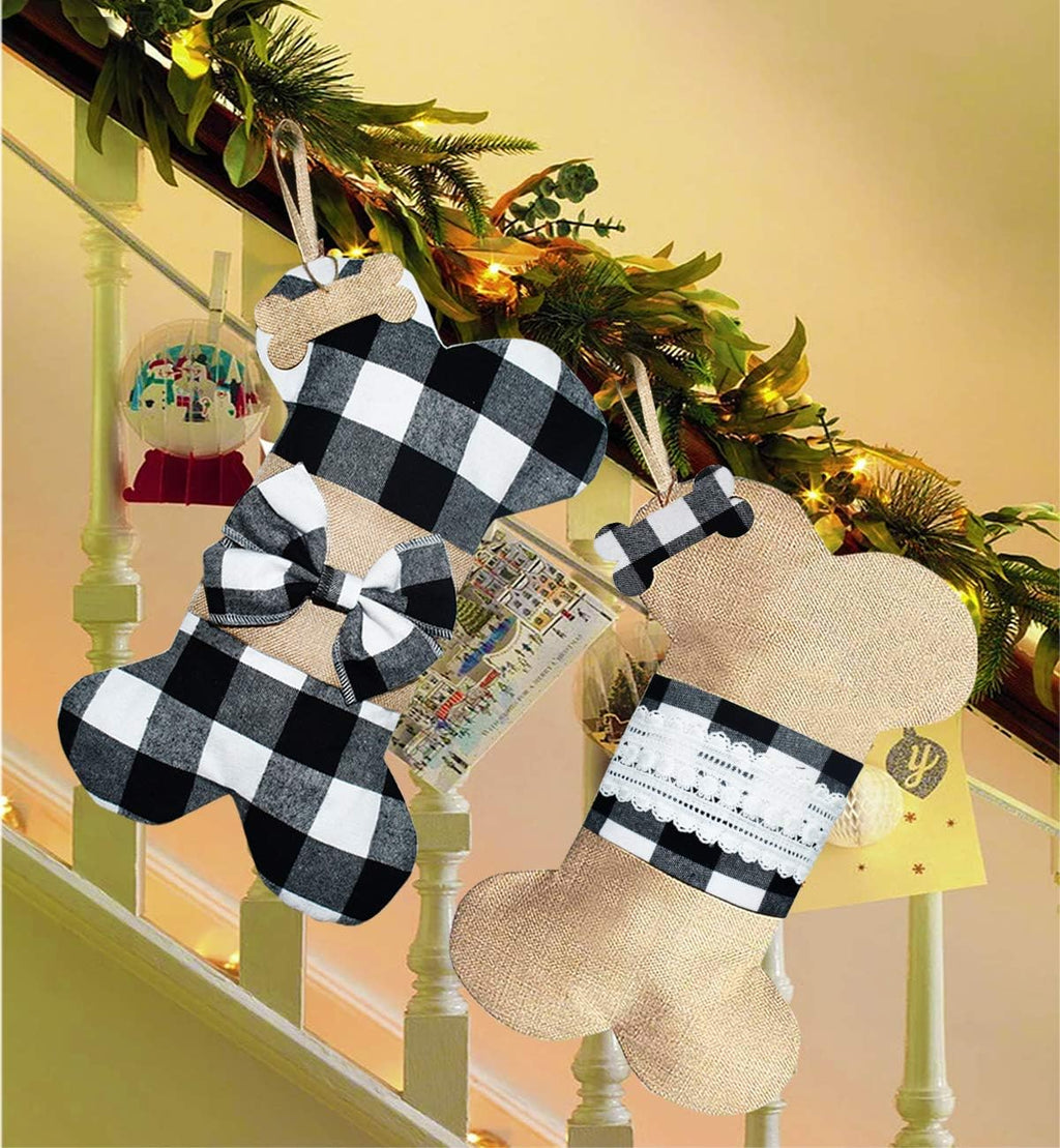 2 Pack Pet Dog Christmas Stockings Buffalo Black White Plaid Burlap Large Bone Shape Hanging Christmas Stocking for Dogs Pets