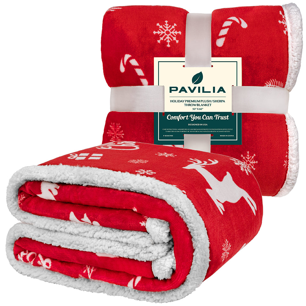 Christmas Blanket Holiday Theme Print Warm Sherpa Fleece Throw Sofa Couch Bed