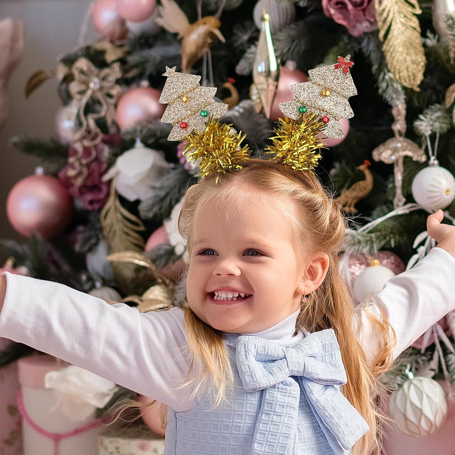 Christmas Headband Christmas Tree Hair Bands Glitter Gold Sequins Christmas Tree with Small Bell Design Headbands Holiday Party Gift for Women Girl Festival Hair Decoration Accessory