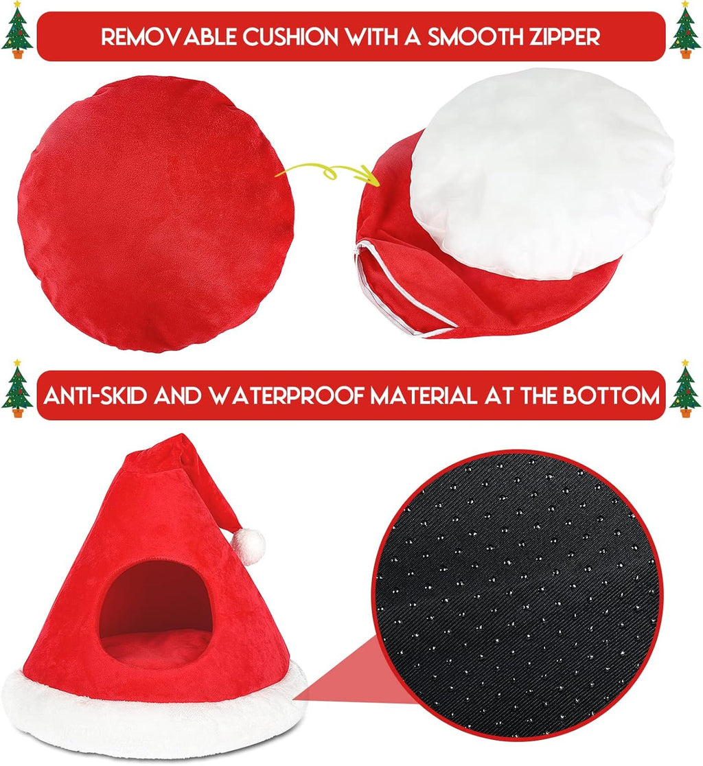 Cat Bed Christmas Hat Cat Tent House Self-Warming 2 in 1 Removable Comfortable Triangle Pet Teepee Xmas Dog Cave in Winter (Red)