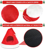 Cat Bed Christmas Hat Cat Tent House Self-Warming 2 in 1 Removable Comfortable Triangle Pet Teepee Xmas Dog Cave in Winter (Red)
