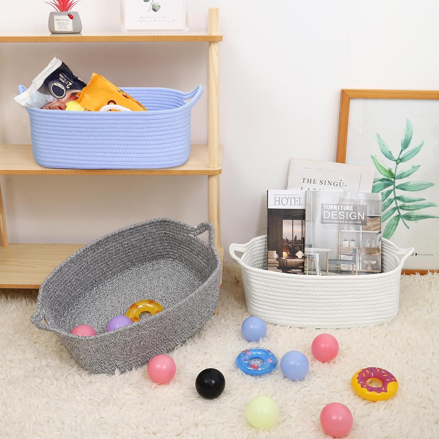 Small Storage Basket with Handles, Cotton Rope Woven Dog Cat Toy Bin, Decorative Shelves Closet Organizing for Nursery Laundry Bedroom, 14.2''X 11''X 5.1''