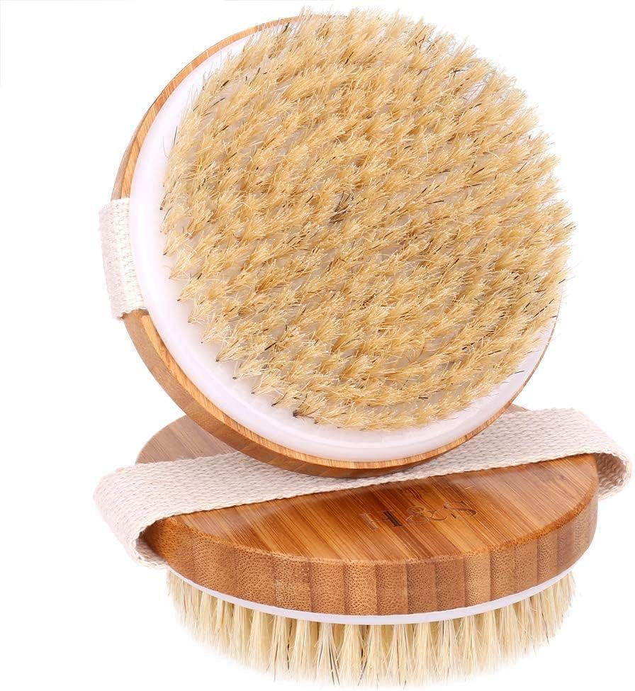 round Body Brush for Exfoliating Skin, 2 Pcs – Natural Bristles Cellulite Shower Scrubber for Wet & Dry Use