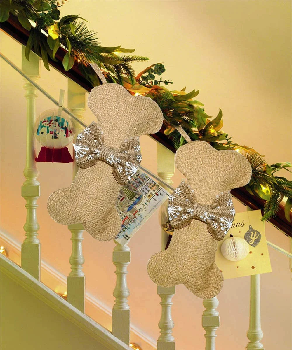 Dog Bone Christmas Stockings 16 Inch Large Line Pet Christmas Stockings with Bowknot Burlap Fireplace Hanging Stockings Gift Bags for Christmas Decorations