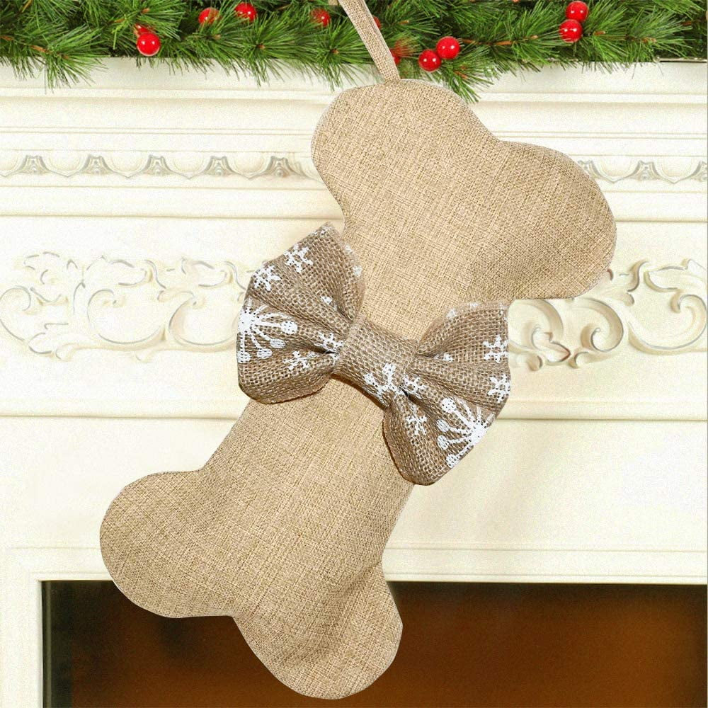 Dog Bone Christmas Stockings 16 Inch Large Line Pet Christmas Stockings with Bowknot Burlap Fireplace Hanging Stockings Gift Bags for Christmas Decorations