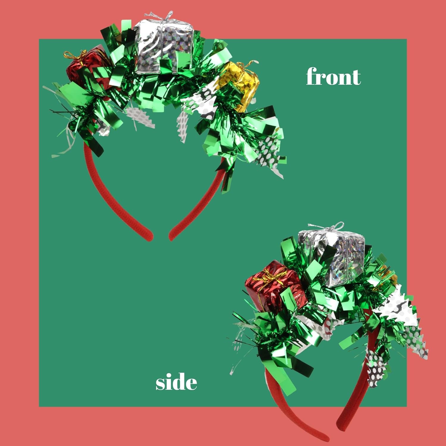 Tinsel Christmas Headband with Presents, Festive Hair Accessory for Women, One Size Fits Most, 6.25 X 7.25 Inches