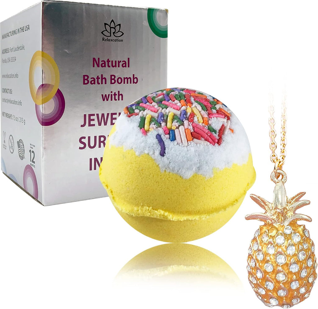 Bath Bombs Jewelry with Necklace Pineapple inside - Perfect Treasure Hidden in Huge Bath Bomb - Fizzy and Bubble Organic Bathbomb in Gift Box For