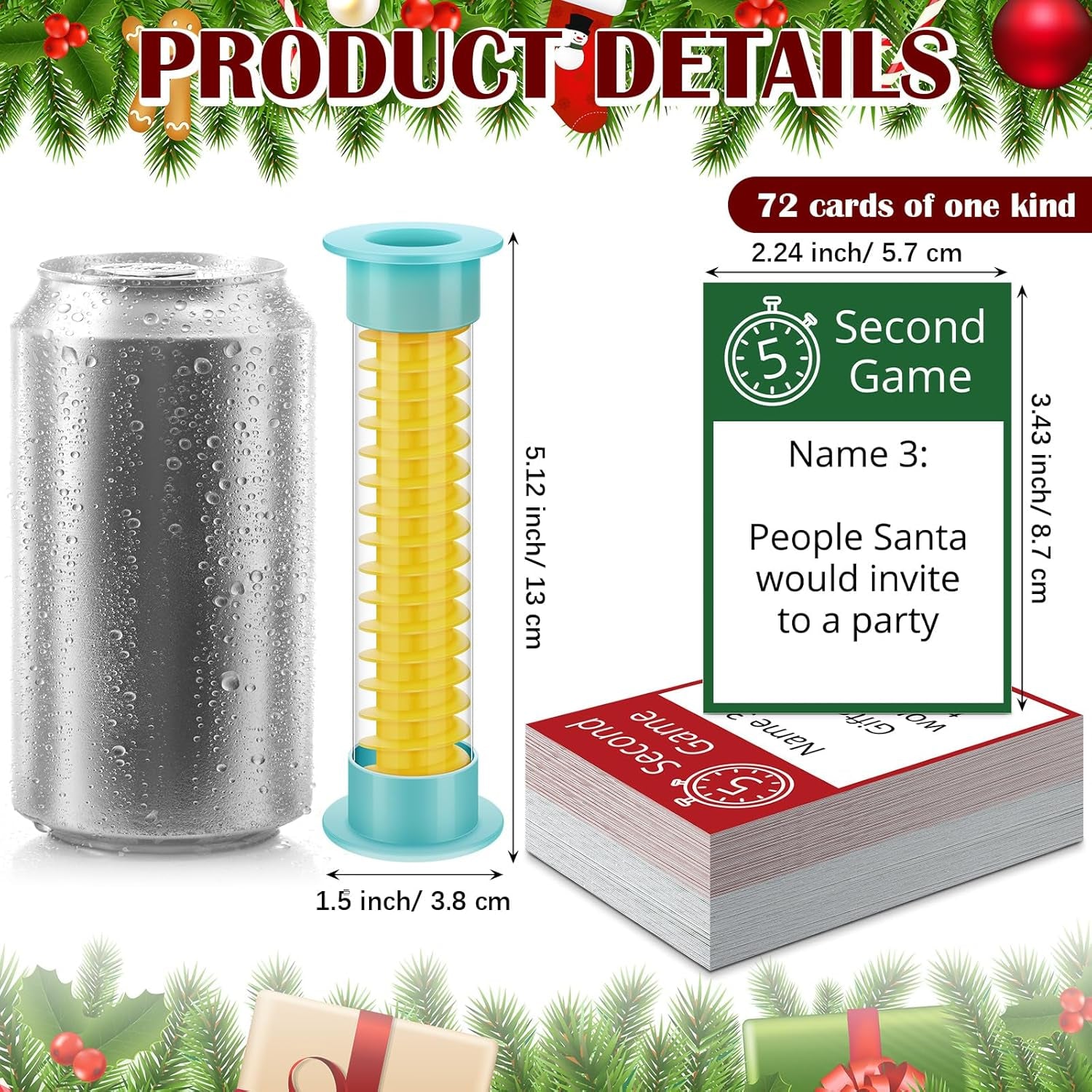 Christmas 5 Second Game, Christmas Party Games 72 Cards and 5 Second Hourglass F