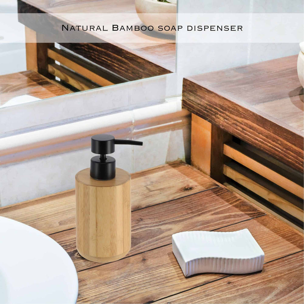 Natural Bamboo Liquid Soap Dispenser with Matte Black Pump - Refillable Wooden Hand Wash Dispenser, 10 Fl Oz - Perfect Bathroom & Kitchen Accessory for Daily Use