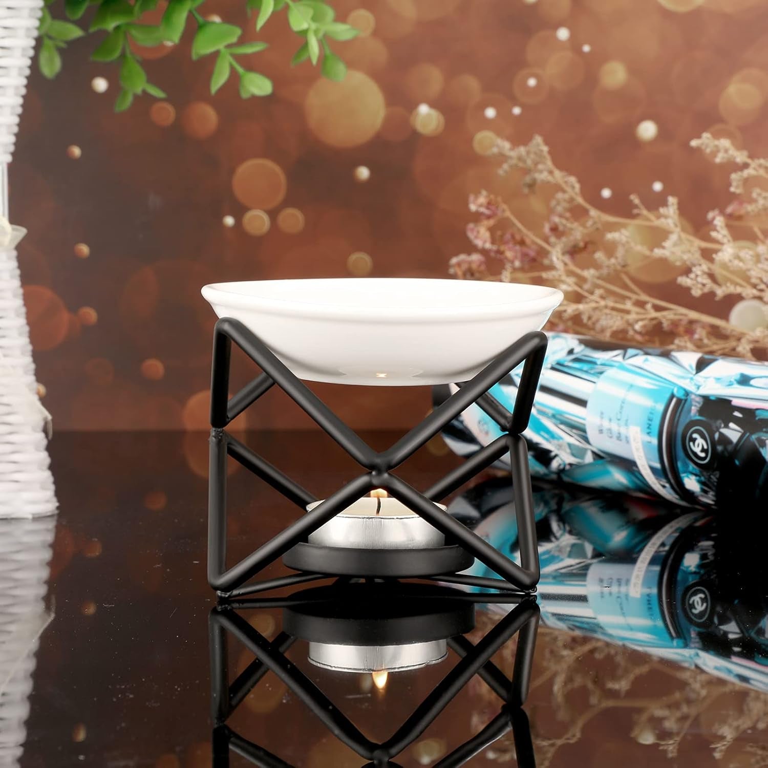 Euro Metal Oil Burner Wax Warmer, Delicate Romantic Ceramic Tealight Candle Holder Oil Burner, Fragrance Warmer Aromatherapy Wax Candle Tart Burner Warmer Diffuser for Home Bedroom Décor