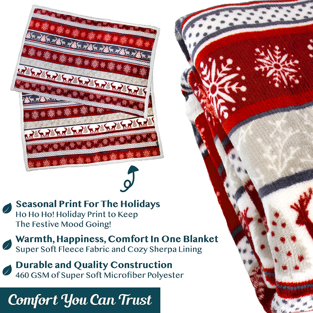Christmas Blanket Holiday Theme Print Warm Sherpa Fleece Throw Sofa Couch Bed