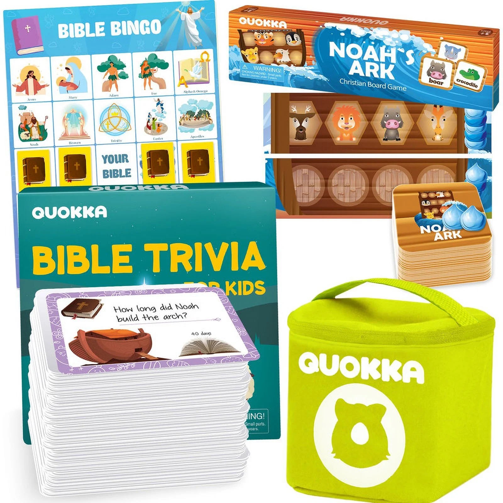 3X Set Bible Games for Kids 4-6 - Board Bingo Game - Bible Trivia for Family - Noah Ark Toy