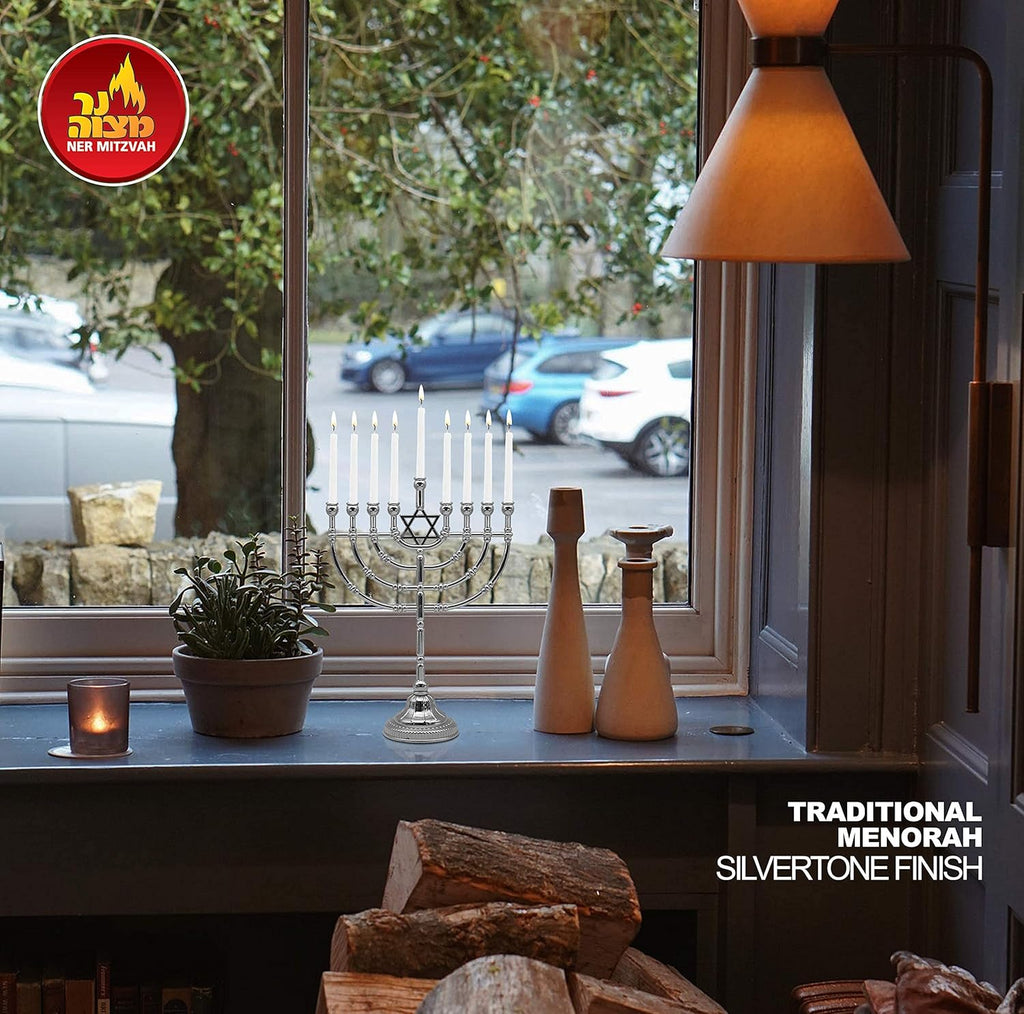 Silvertone Candle Menorah for Chanukah - Traditional Rounded Branches, 9" High