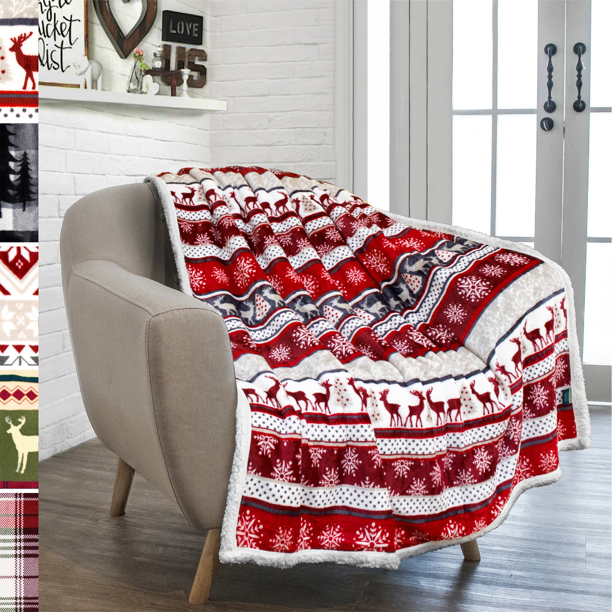 Christmas Blanket Holiday Theme Print Warm Sherpa Fleece Throw Sofa Couch Bed
