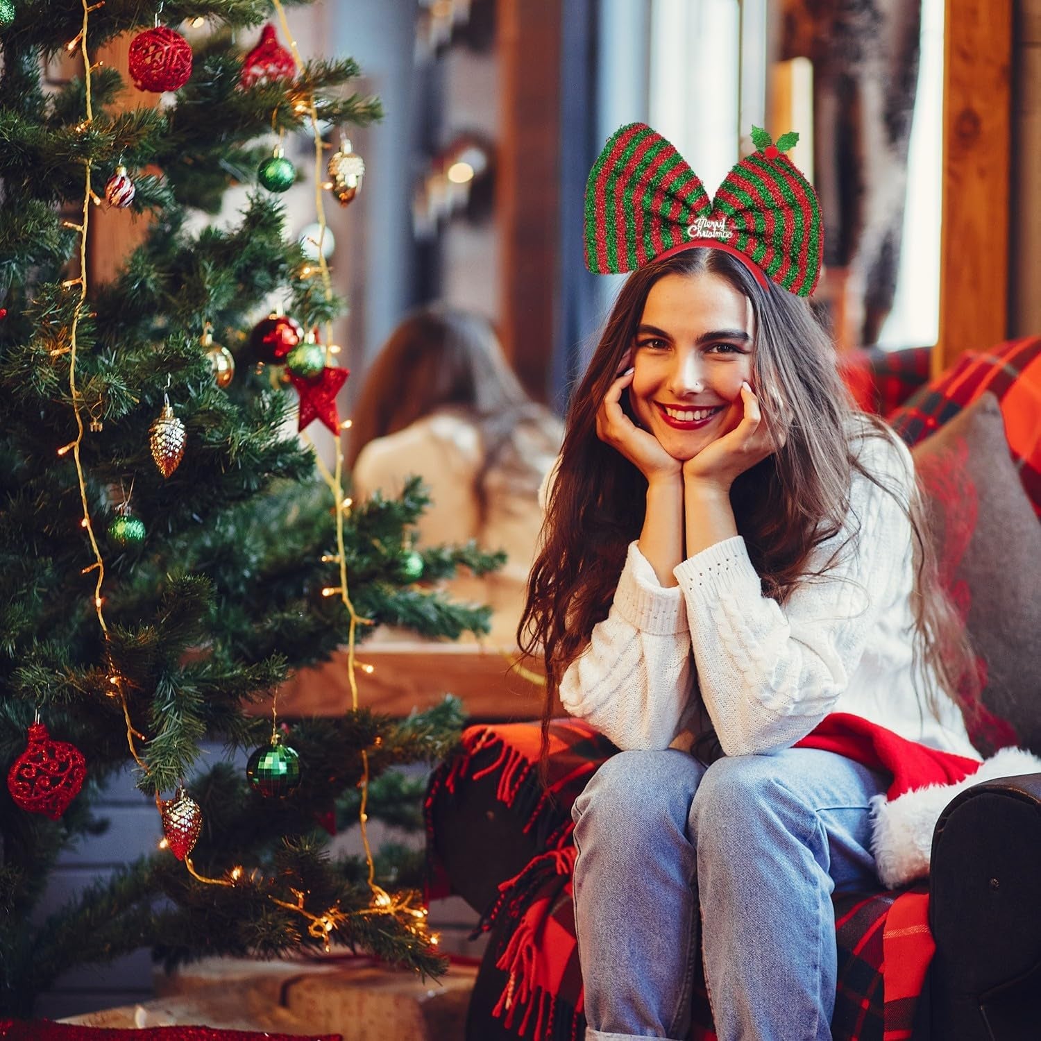 Christmas Big Red Green Bow Headbands Snow White Bowknot Headband, Xmas Headdress Huge Bow Hair Hoops for Women Princess Giant Bowknot Head Bopper Headpieces Headwear