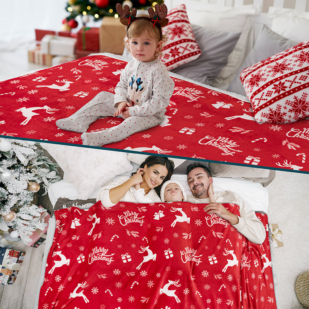 Christmas Blanket Holiday Theme Print Warm Sherpa Fleece Throw Sofa Couch Bed