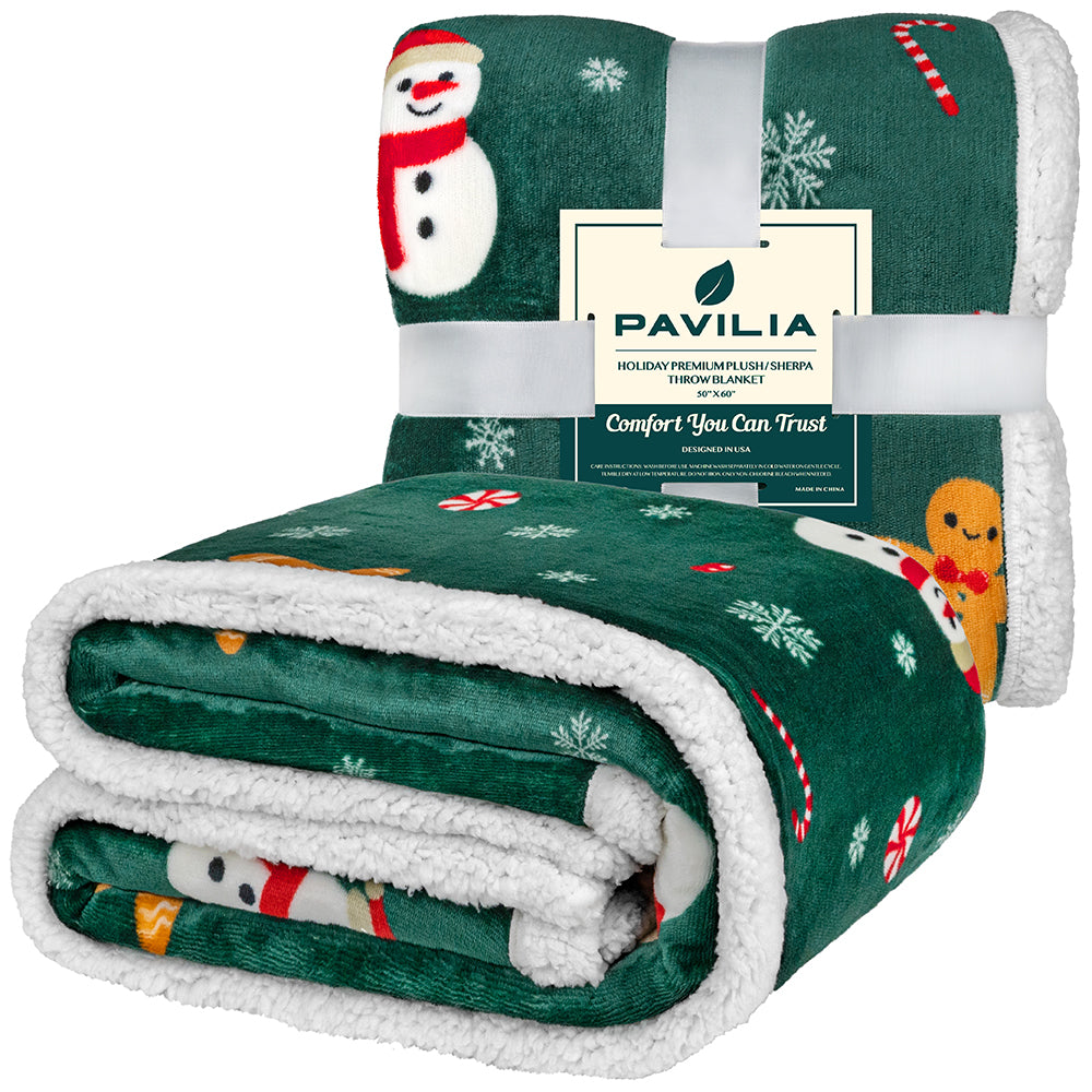 Christmas Blanket Holiday Theme Print Warm Sherpa Fleece Throw Sofa Couch Bed