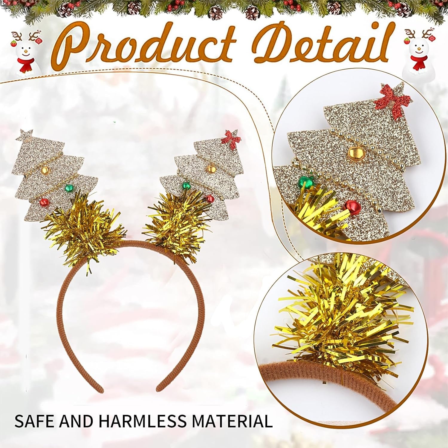 Christmas Headband Christmas Tree Hair Bands Glitter Gold Sequins Christmas Tree with Small Bell Design Headbands Holiday Party Gift for Women Girl Festival Hair Decoration Accessory