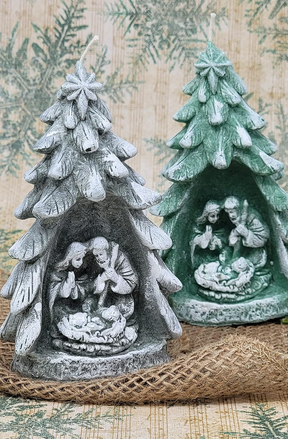 Christmas Tree Candle with Nativity- Nativity Scene Unique Christmas Gift (Pink)