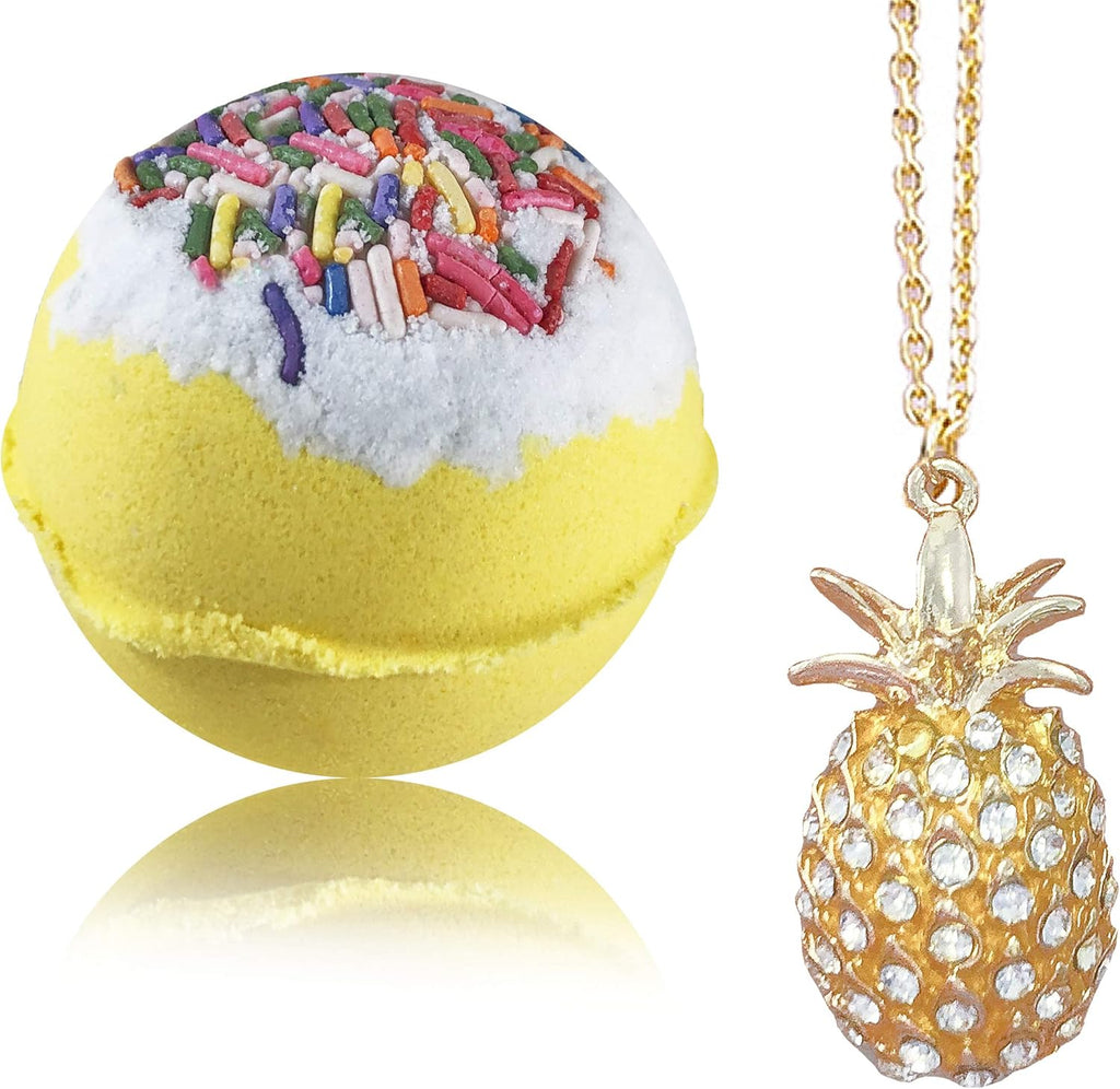 Bath Bombs Jewelry with Necklace Pineapple inside - Perfect Treasure Hidden in Huge Bath Bomb - Fizzy and Bubble Organic Bathbomb in Gift Box For