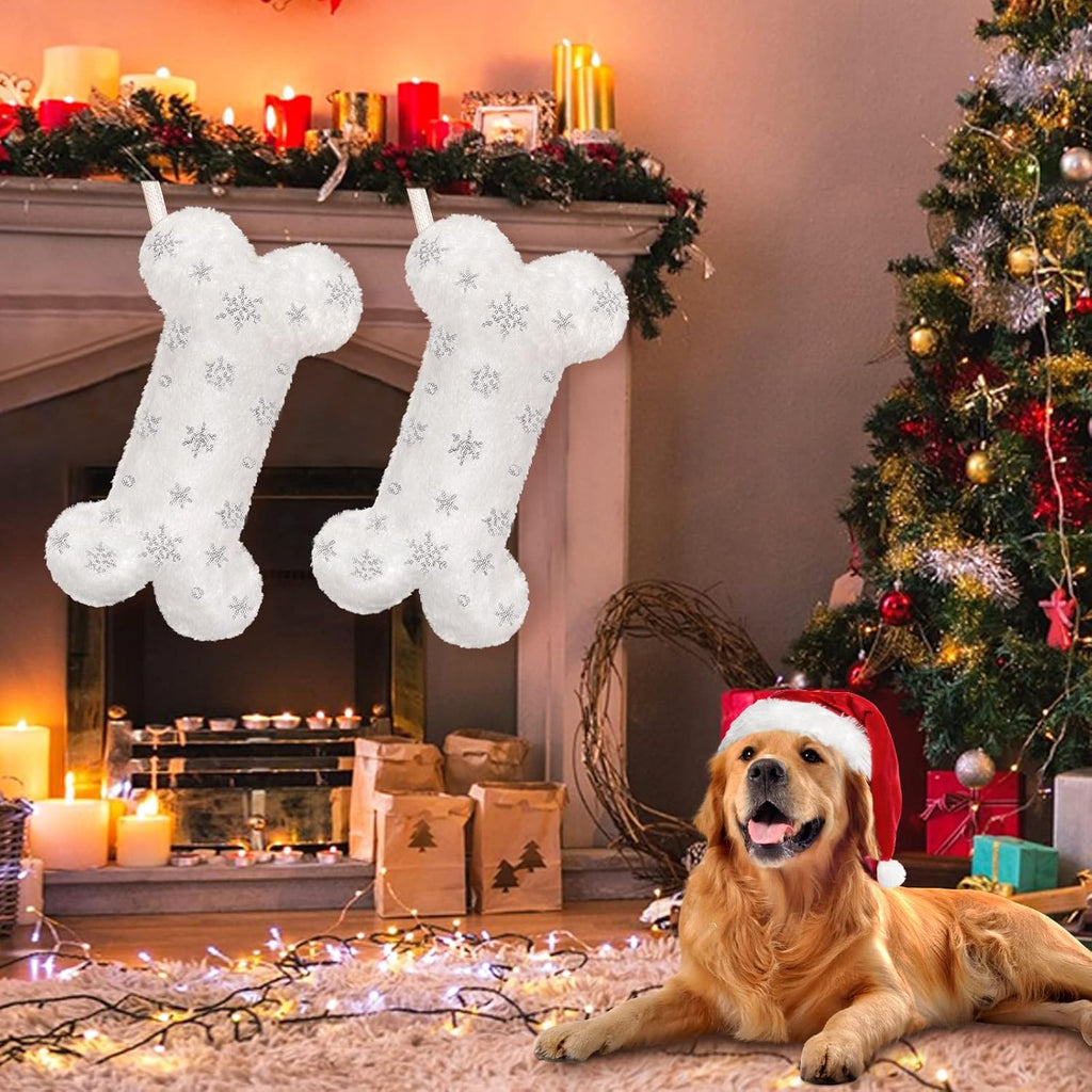 Pet Dog Christmas Stocking, Xmas Luxury Faux Fur Large Bone Shape Hanging with Silver & Gold Snowflakes Sequin Decorations Pets Christmas Stockings for Dogs Cats Pets (Gold Sequins)