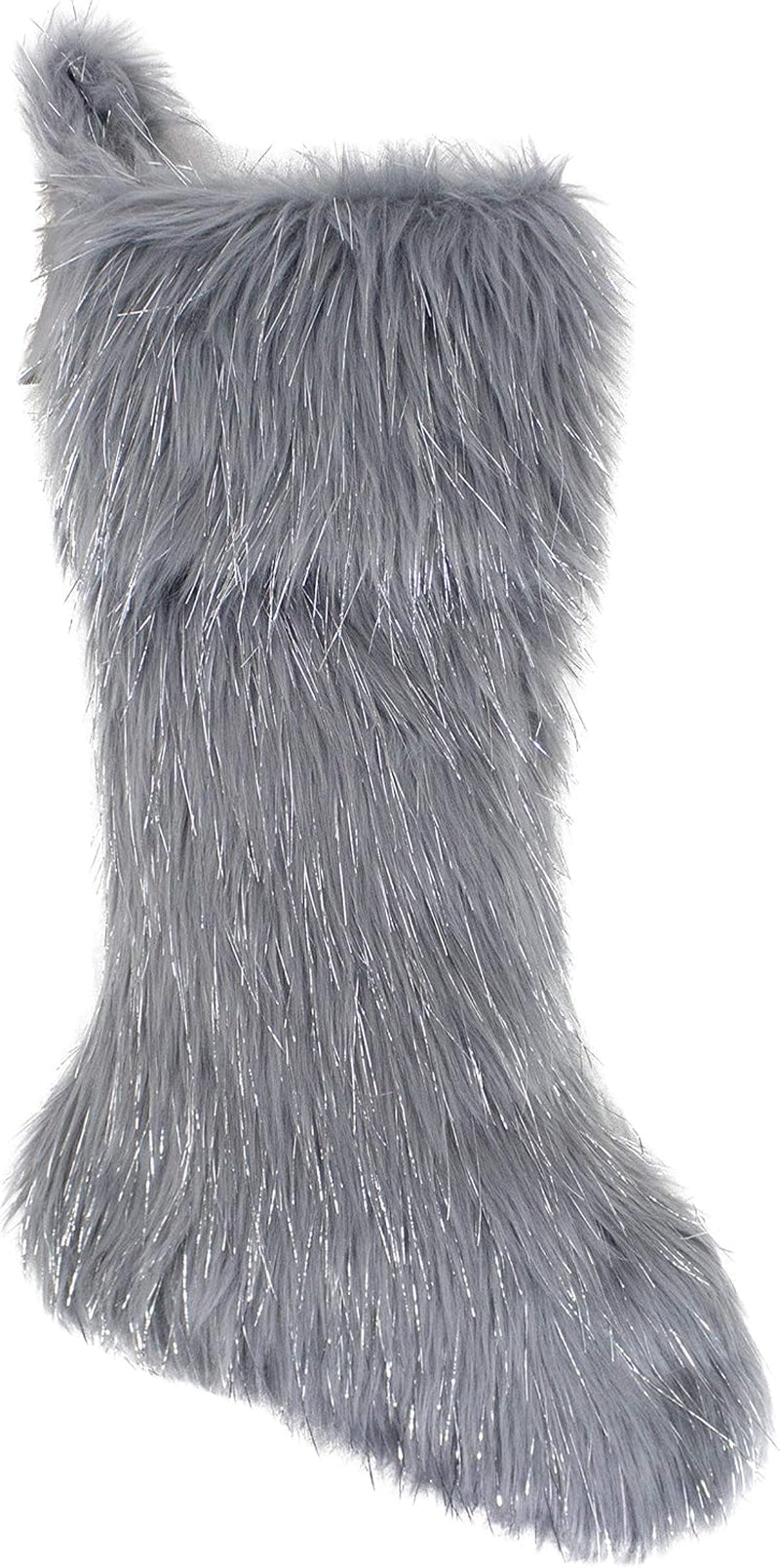 Holiday Exquisite Faux Fur with Silver Metallic Christmas Stocking, Grey, 8" W X 19" L