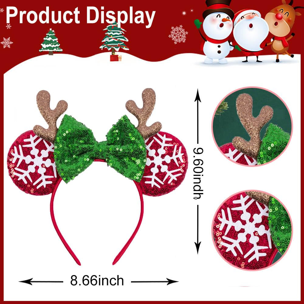 1 Pack Christmas Snowflake Headbands Mouse Ears Hairband Elk Antler Hair Hoop Green Red Glitter Sequins Bow Headband Hair Ornament for Christmas Cosplay Princess Dress up Party Hair Accessories