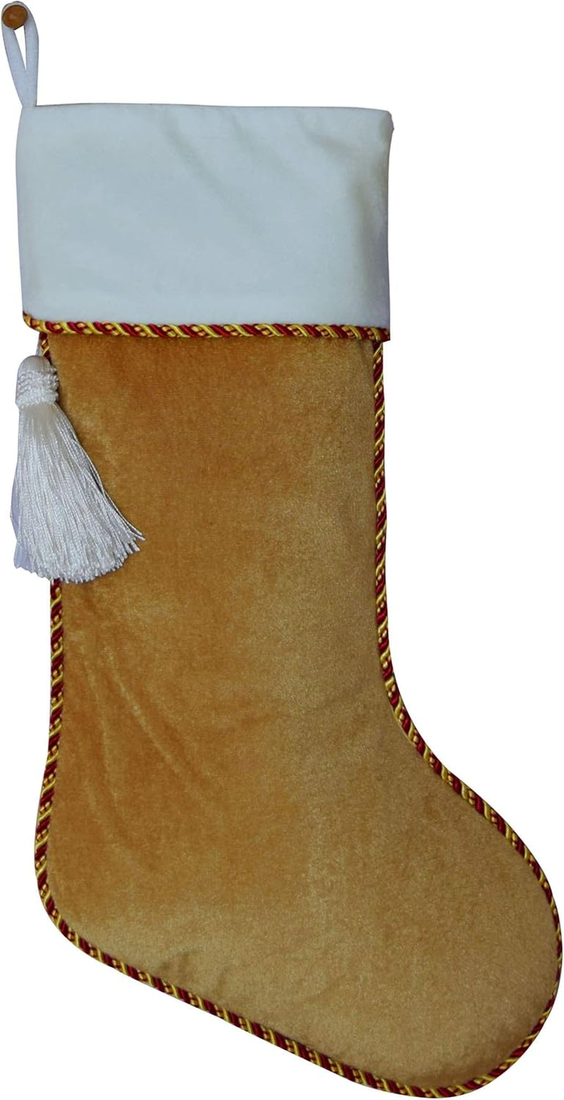 Vintage Gold & White Velvet Stocking with Tassel Decoration, Christmas Stocking - 10"X18" /10-15 Days DELIVERY