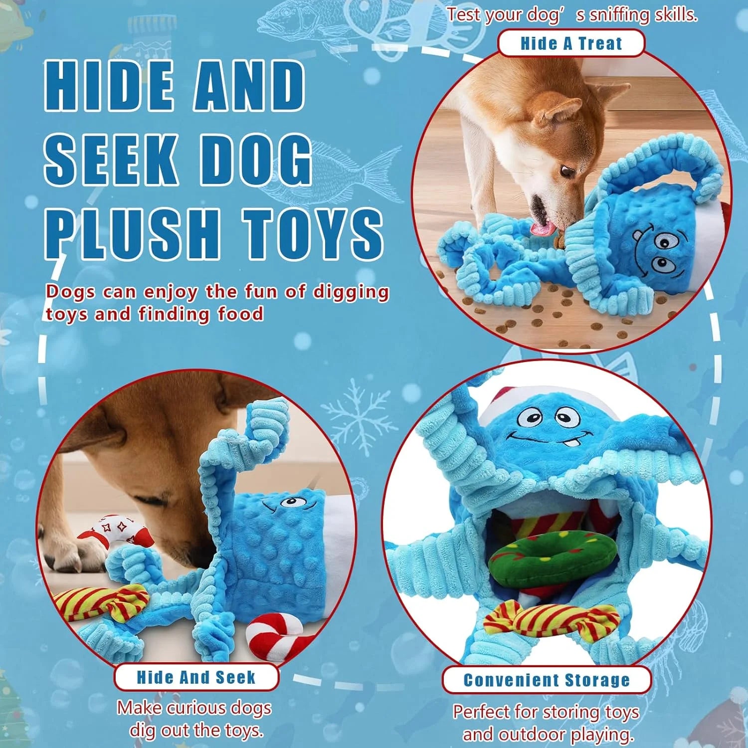 Squeaky Dog Toys, Christmas Octopus Dog Chew Toy, Interactive Tug of War Dog Plush Toy